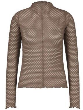 SOFIE SCHNOOR dark camel mock neck mesh top XL